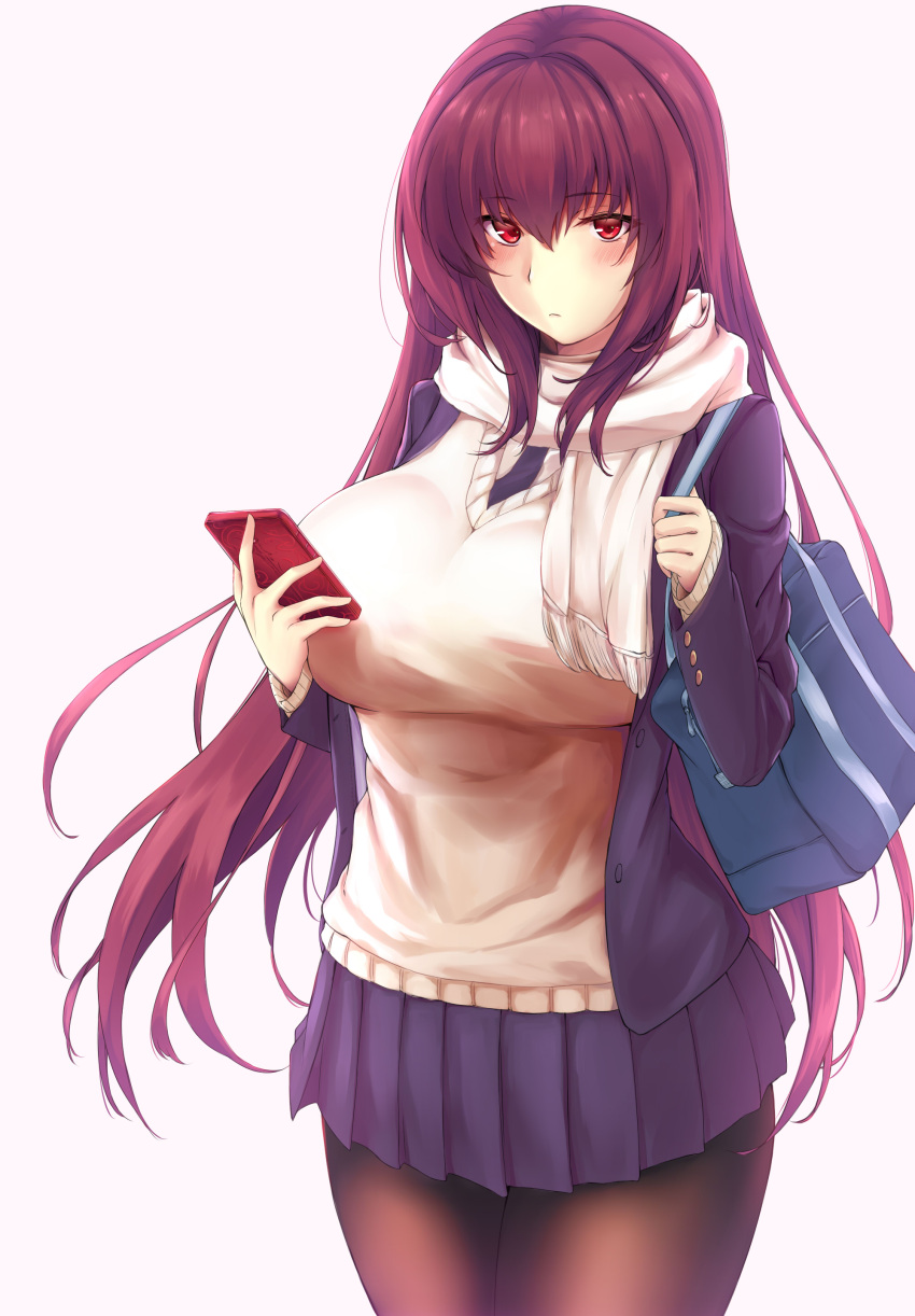 1girl absurdres alternate_costume bag bangs blush breasts casual cellphone eyebrows_visible_through_hair fate/grand_order fate_(series) highres hips jacket large_breasts long_hair looking_at_viewer lun7732 open_clothes open_jacket pantyhose phone pleated_skirt purple_hair purple_jacket purple_skirt red_eyes scarf scathach_(fate/grand_order) school_bag simple_background skirt solo sweater thighs white_background white_sweater