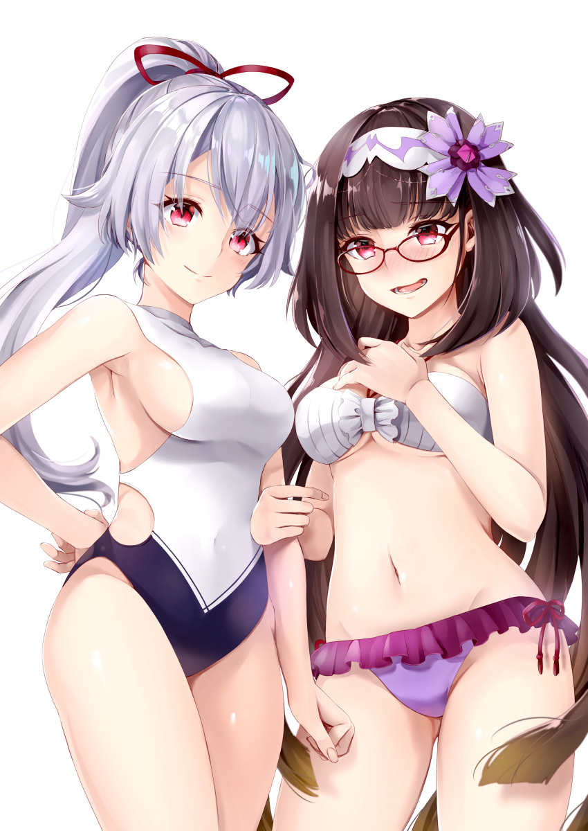 2girls absurdres bikini black_hair breasts brown_hair closed_mouth cowboy_shot fate/grand_order fate_(series) glasses gradient_hair hairband hane_yuki highres long_hair looking_at_viewer low_twintails medium_breasts multicolored_hair multiple_girls navel nervous_smile one-piece_swimsuit osakabe-hime_(fate/grand_order) ponytail red_eyes sideboob silver_hair simple_background smile swimsuit tomoe_gozen_(fate/grand_order) twintails very_long_hair violet_eyes white_background