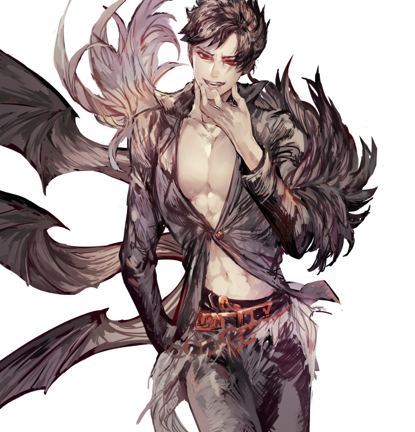 1boy absurdres belial_(granblue_fantasy) black_hair black_shirt blush demon_wings feather_boa granblue_fantasy highres irorigumi male_focus midriff pectorals red_eyes shirt short_hair smile solo wings