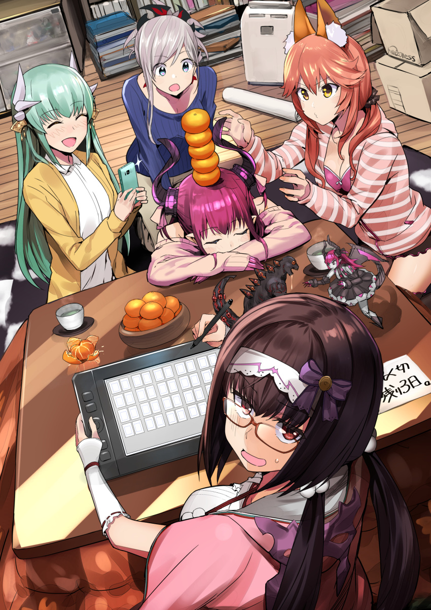 6+girls absurdres akechi_shizuku alternate_costume animal_ears asymmetrical_hair blue_eyes breasts brown_eyes brown_hair cellphone cleavage closed_eyes demon_pillar_(fate/grand_order) dragon_girl dragon_horns elizabeth_bathory_(fate) elizabeth_bathory_(fate)_(all) fate/grand_order fate_(series) food fox_ears fruit glasses godzilla godzilla_(series) green_hair grey_hair highres horns indoors kiyohime_(fate/grand_order) kotatsu long_hair long_sleeves looking_at_viewer looking_back mandarin_orange mecha_eli-chan medium_breasts miyamoto_musashi_(fate/grand_order) multiple_girls open_mouth osakabe-hime_(fate/grand_order) phone pink_hair pointy_ears sitting sleeping smartphone stacking stylus sweater table tablet tamamo_(fate)_(all) tamamo_no_mae_(fate) twintails yellow_eyes