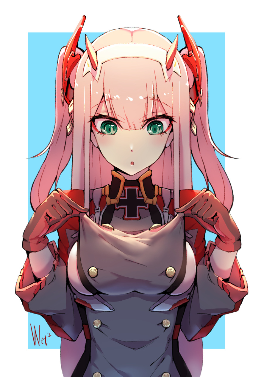 1girl :o azur_lane blue_background breasts cosplay d-cao darling_in_the_franxx eyebrows_visible_through_hair gloves green_eyes highres horns long_hair long_sleeves looking_down pink_hair prinz_eugen_(azur_lane) prinz_eugen_(azur_lane)_(cosplay) red_gloves sideboob signature solo twintails zero_two_(darling_in_the_franxx)