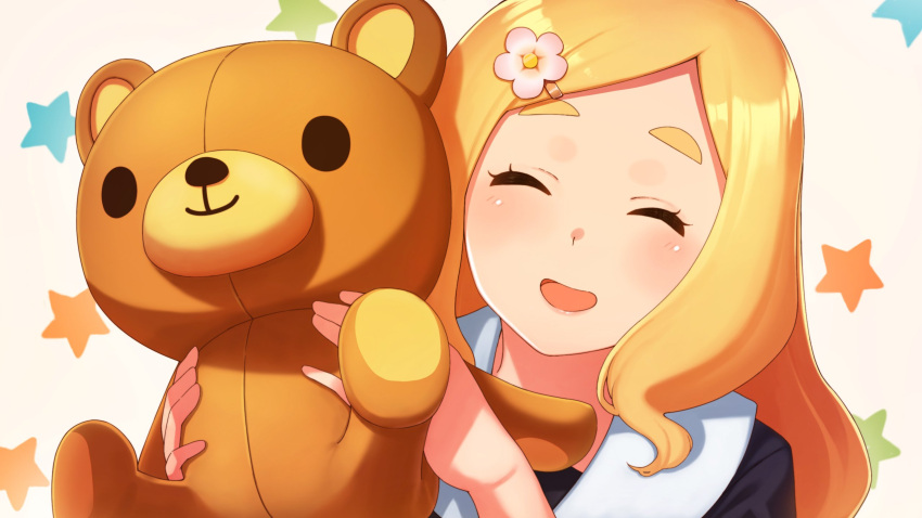 1girl black_shirt blonde_hair blush closed_eyes commentary dacchi flower hair_flower hair_ornament harohapi!_shinonome_megu-chan_no_oheya highres long_hair open_mouth shinonome_megu shirt smile solo star starry_background stuffed_animal stuffed_toy teddy_bear thick_eyebrows virtual_youtuber