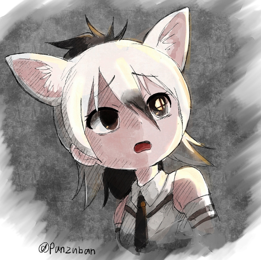 1girl aardwolf_(kemono_friends) aardwolf_ears animal_ears artist_name bare_shoulders black_hair black_neckwear elbow_gloves extra_ears eyebrows_visible_through_hair gloves hair_between_eyes kemono_friends logo long_hair looking_up multicolored_hair necktie open_mouth panzuban parody ponytail reflective_eyes shirt sleeveless sleeveless_shirt solo splatoon super_smash_bros. twitter_username two-tone_hair upper_body white_hair