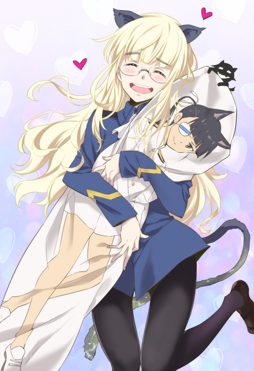 1girl ^_^ agahari animal_ears black_hair blonde_hair blush cat_ears cat_tail closed_eyes dakimakura dog_ears dog_tail eyebrows_visible_through_hair eyepatch fangs glasses hair_ribbon hat highres hug long_hair long_sleeves looking_at_viewer military military_uniform miyafuji_yoshika naval_uniform object_hug open_mouth pantyhose perrine_h_clostermann ponytail ribbon sakamoto_mio silhouette_demon smile strike_witches tail uniform world_witches_series yellow_eyes