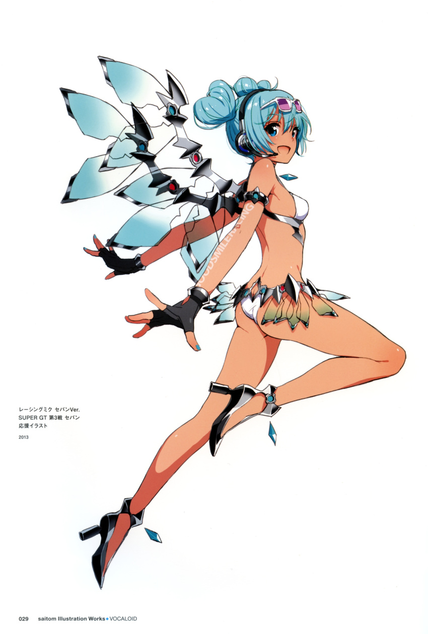 1girl :d absurdres aqua_eyes aqua_hair ass bikini body_writing double_bun eyewear_on_head fingerless_gloves full_body gloves goodsmile_company goodsmile_racing hatsune_miku headphones headset high_heels highres long_hair looking_at_viewer mechanical_wings official_art open_mouth outstretched_arms racequeen racing_miku racing_miku_(2013) saitou_masatsugu shoes simple_background smile solo spread_arms sun_tattoo sunglasses swimsuit tan tanline transparent underwear vocaloid white_background wings