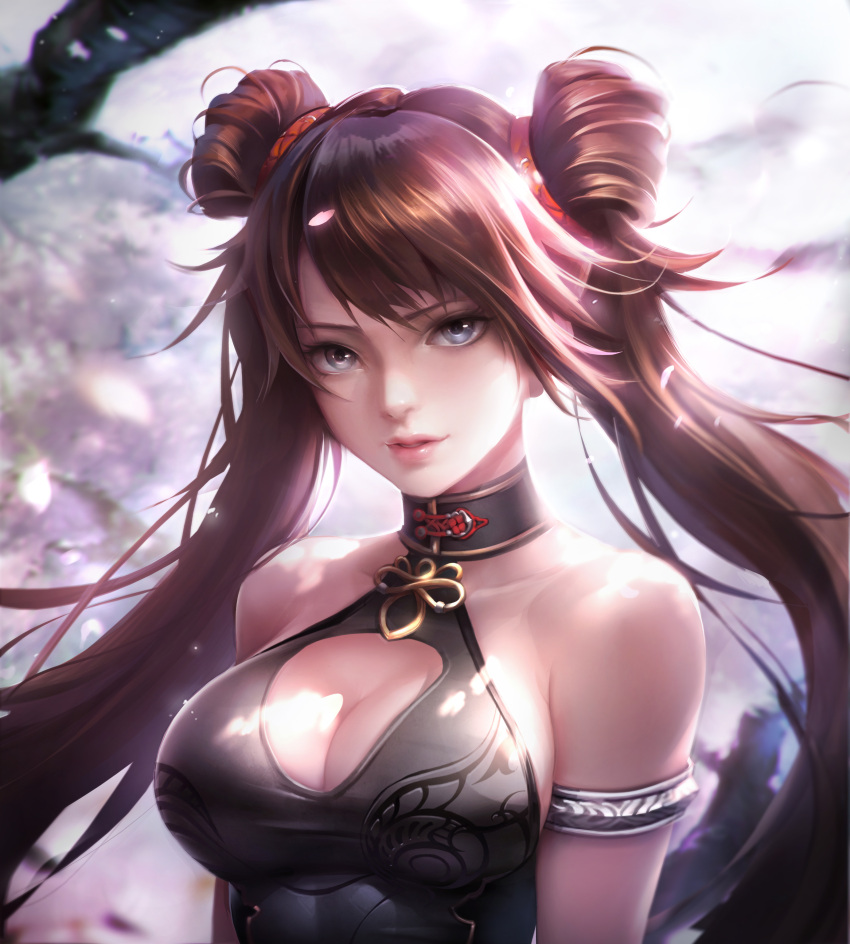 1girl absurdres arm_strap bangs bare_shoulders black_eyes blurry blurry_background breasts brown_hair choker cleavage collarbone day dungeon_and_fighter flute_(artist) hair_ornament halterneck highres large_breasts lips long_hair looking_at_viewer outdoors parted_lips petals solo tree twintails upper_body wind