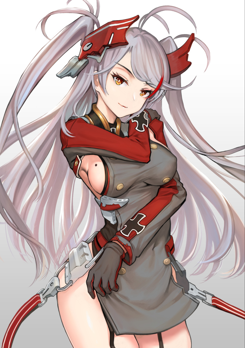 1girl absurdres antenna_hair azur_lane bangs black_choker black_ribbon breasts choker closed_mouth covered_navel cowboy_shot eyebrows_visible_through_hair flag_print garter_straps german_flag hair_ornament head_tilt headgear highres iron_cross large_breasts long_hair long_sleeves looking_at_viewer mole mole_on_breast multicolored_hair orange_eyes parted_bangs prinz_eugen_(azur_lane) qbase ribbon sideboob simple_background smile solo standing streaked_hair swept_bangs thigh_strap two_side_up white_background white_hair
