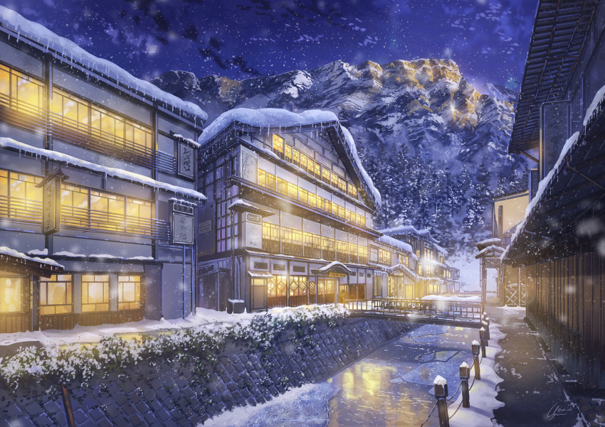 afloat bridge building clouds highres house ice ice_floe mountain night night_sky niko_p no_humans original outdoors path pipes railing river road scenery signature sky snow snowing still_life stream town tree water window winter