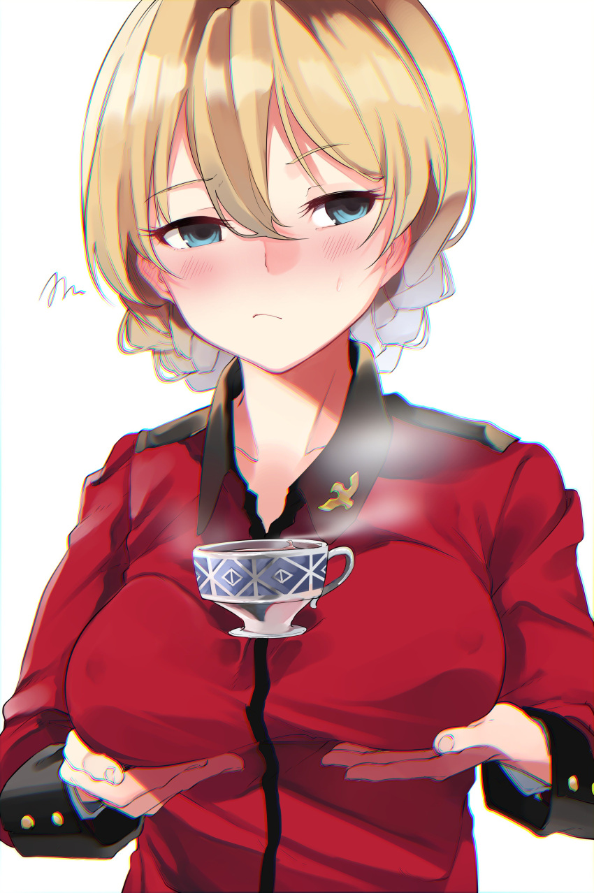 1girl absurdres blonde_hair blue_eyes blush braid breast_hold breasts cup darjeeling ear_blush eyebrows_visible_through_hair french_braid girls_und_panzer highres solo st._gloriana's_military_uniform steam sweatdrop tawawa_challenge teacup th_atelier_rin upper_body white_background