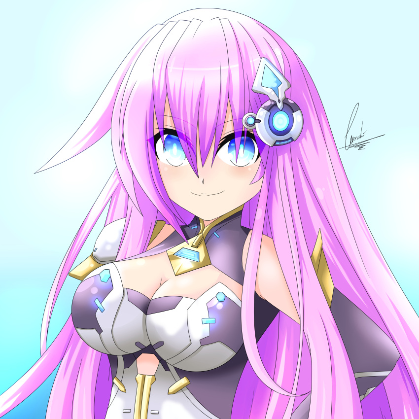 1girl absurdres blue_eyes breasts cleavage cleavage_cutout commentary cundodeviant elbow_gloves gloves hair_between_eyes highres large_breasts long_hair looking_at_viewer nepgear nepnep_connect:_chaos_chanpuru neptune_(series) pink_hair power_symbol purple_sister shoulder_pads smile solo symbol-shaped_pupils upper_body