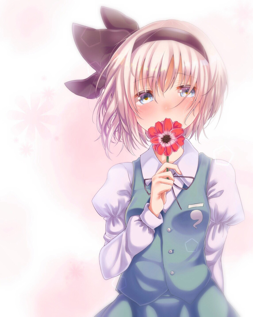 1girl 2018 artist_name black_neckwear black_ribbon blue_eyes blush breasts buttons collared_shirt commentary_request cowboy_shot dated eyebrows_visible_through_hair flower flower_request green_skirt green_vest hair_ribbon highres holding holding_flower juliet_sleeves konpaku_youmu long_sleeves looking_at_viewer neck_ribbon otowa_(otoha4634) puffy_sleeves ribbon shirt short_hair skirt small_breasts solo touhou translation_request vest white_hair white_shirt