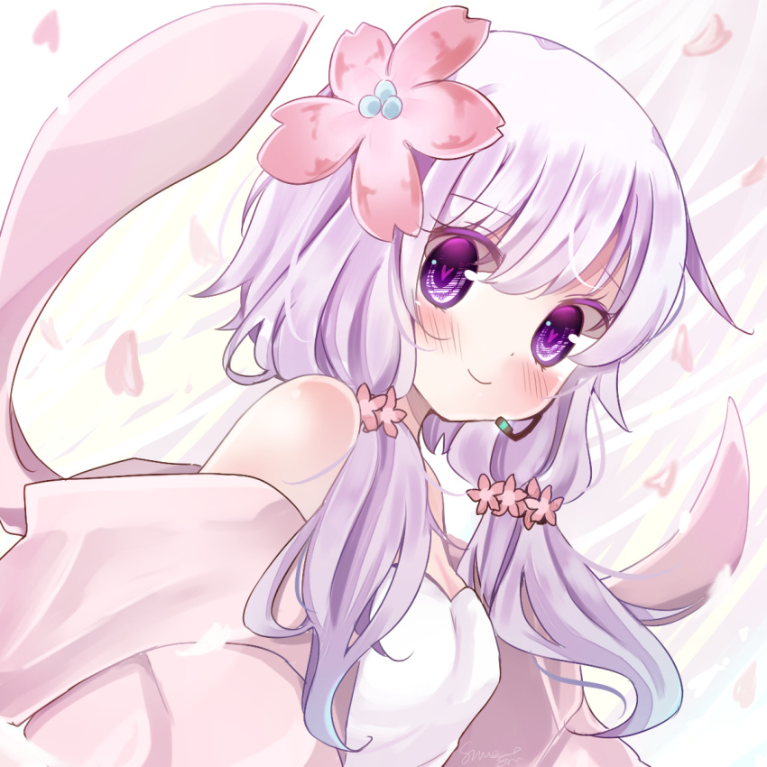 1girl bangs bare_shoulders breasts cleavage colored_eyelashes eyebrows_visible_through_hair flower from_side hair_flower hair_ornament headset heart heart-shaped_pupils highres long_hair looking_at_viewer looking_to_the_side low_twintails off_shoulder petals pink_hair shimashiro_itsuki shiny shiny_hair signature small_breasts solo strapless symbol-shaped_pupils tareme twintails upper_body violet_eyes vocaloid voiceroid yuzuki_yukari yuzuki_yukari_(onn)