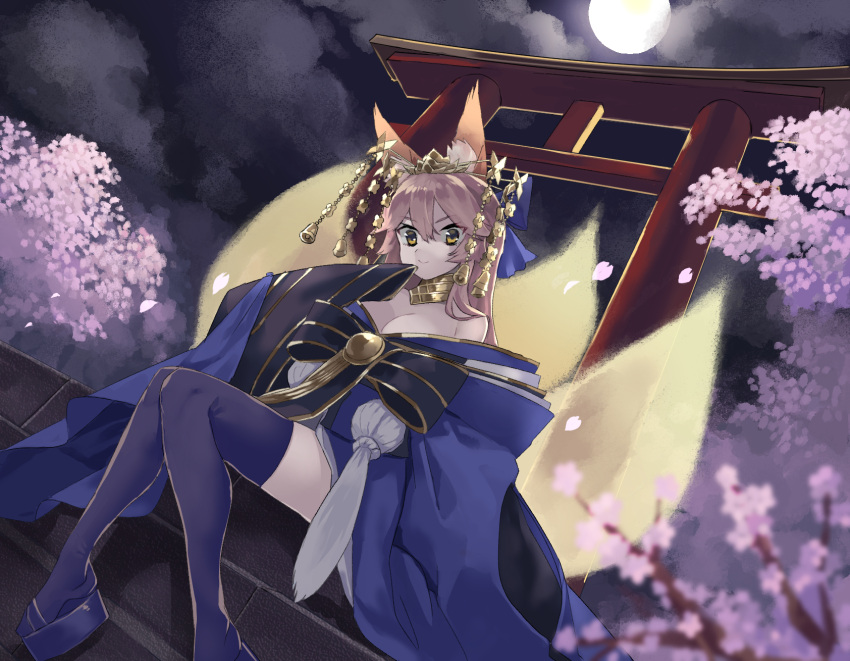 1girl animal_ears bell blue_legwear breasts cleavage fate/grand_order fate_(series) flower fox_ears fox_tail full_moon highres japanese_clothes kaerude123 large_breasts moon multiple_tails off_shoulder outdoors petals pink_hair sitting solo tail tamamo_(fate)_(all) tamamo_no_mae_(fate) thigh-highs tree yellow_eyes