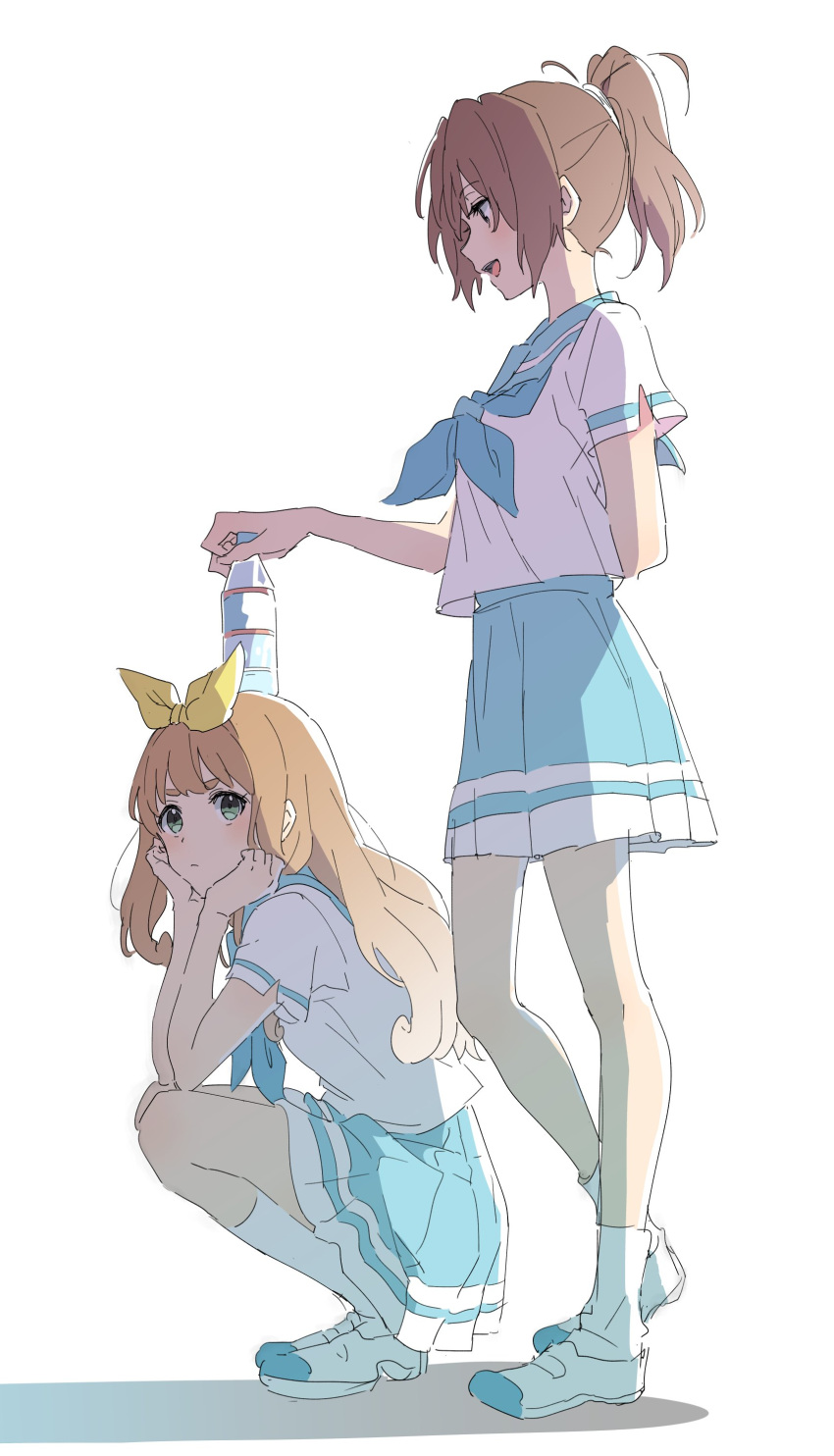 2girls :d absurdres arm_behind_back bangs blonde_hair blue_neckwear blue_skirt blush bottle brown_eyes brown_hair closed_mouth full_body green_eyes hair_ribbon hands_on_own_cheeks hands_on_own_face hibike!_euphonium highres kneehighs medium_skirt monsieur multiple_girls nakagawa_natsuki neckerchief object_on_head open_mouth ponytail profile ribbon school_uniform serafuku shirt shoes short_hair short_sleeves simple_background skirt smile socks squatting standing thick_eyebrows uwabaki water_bottle white_background white_footwear white_legwear white_shirt yellow_ribbon yoshikawa_yuuko