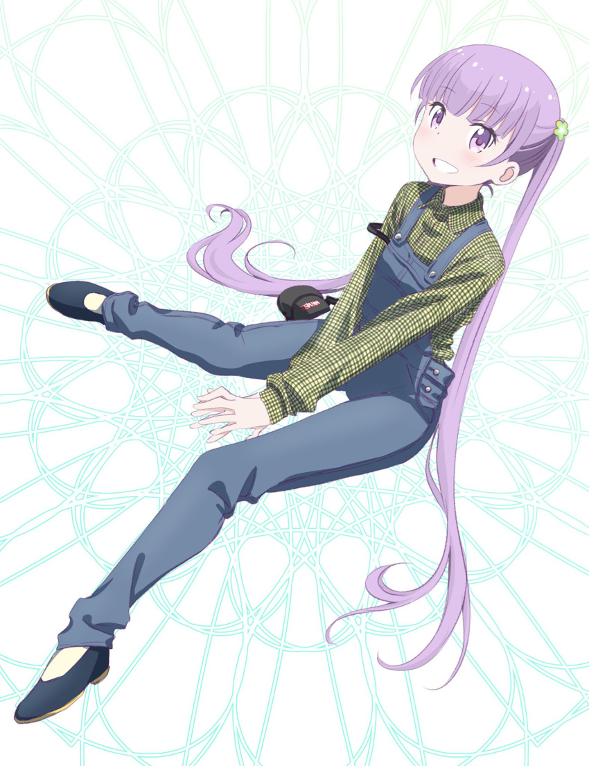 1girl between_legs black_footwear blue_pants blush eyebrows_visible_through_hair full_body grin hair_ornament hand_between_legs hands_together highres long_hair new_game! pants purple_hair shirt sitting smile solo suspenders suzukaze_aoba twintails very_long_hair violet_eyes white_background