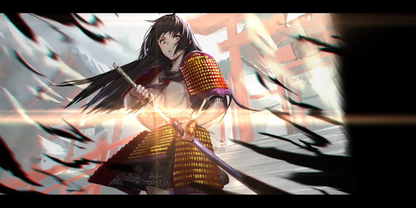 1girl absurdres ahoge armor bangs black_hair black_skirt blue_eyes blush closed_mouth cowboy_shot faulds glowing glowing_sword glowing_weapon highres holding holding_sword holding_weapon japanese_armor katana letterboxed lips long_hair looking_at_viewer motion_blur navel neckerchief original outdoors pauldrons pleated_skirt purple_neckwear rolua sheath shirt short_sleeves shoulder_armor skirt solo stairs standing straight_hair sword torii unsheathing very_long_hair weapon white_shirt wrist_guards