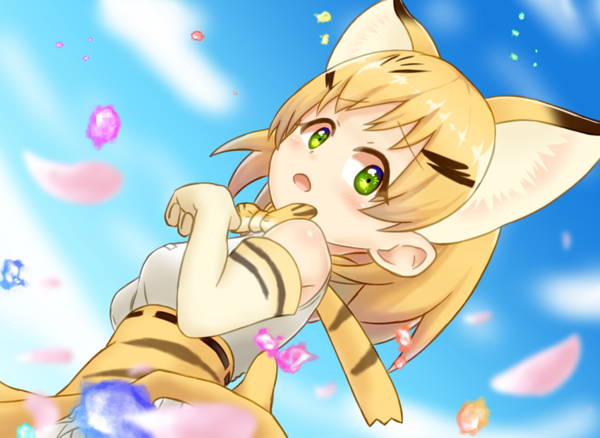 1girl blonde_hair blue_sky blurry bow bowtie breasts cat_tail commentary elbow_gloves extra_ears from_below gloves green_eyes high-waist_skirt highres kemono_friends looking_at_viewer looking_down open_mouth petals sand_cat_(kemono_friends) sandstar shiraha_maru shirt short_hair skirt sky sleeveless sleeveless_shirt solo tail white_shirt