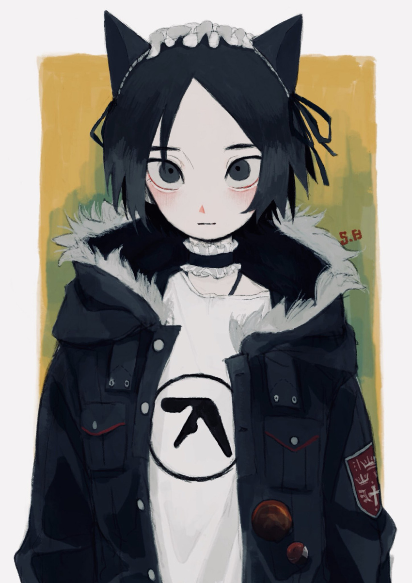 1boy :| aphex_twin badge bangs black_hair button_badge choker closed_mouth coat expressionless grey_eyes highres looking_at_viewer maid_headdress original pale_skin parted_bangs pocket tagme upper_body wide-eyed