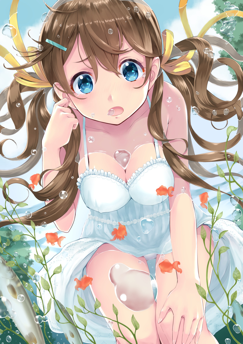 1girl blue_eyes breasts brown_hair bubble cleavage collarbone day dress fish floating_hair goldfish hair_between_eyes hair_ornament hair_ribbon hairclip highres long_hair medium_breasts open_mouth original outdoors partially_submerged ribbon rin2008 sleeveless sleeveless_dress solo twintails white_dress yellow_ribbon