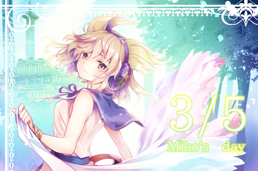 1girl ahoge backlighting bangle bangs bare_shoulders blonde_hair bracelet brown_eyes building closed_mouth dated day eyebrows_visible_through_hair from_side headphones highres holding jewelry looking_at_viewer looking_to_the_side makuwauri outdoors purple_ribbon purple_sailor_collar ribbon sailor_collar shawl shiny shiny_hair shirt sleeveless sleeveless_shirt smile solo sunlight touhou toyosatomimi_no_miko tree upper_body white_shirt