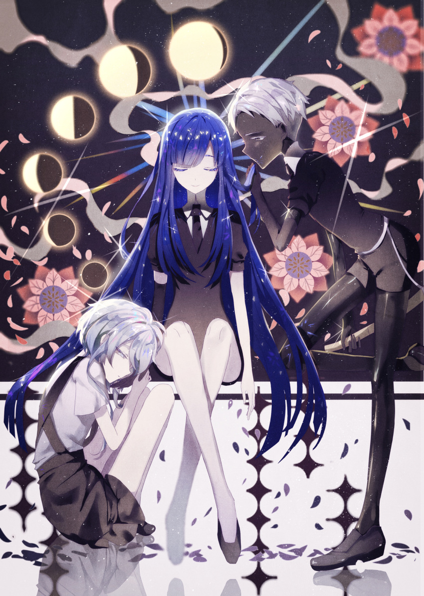 androgynous blue_hair cairngorm_(houseki_no_kuni) closed_eyes crescent_moon dark_skin eclipse elbow_gloves flower formal gem_uniform_(houseki_no_kuni) ghost_quartz_(houseki_no_kuni) gibbous_moon gloves highres holding holding_hair houseki_no_kuni lapis_lazuli_(houseki_no_kuni) long_hair looking_at_viewer mary_janes moon necktie new_moon pale_skin petals shoes shorts silver_hair sitting suit time_paradox white_hair yasato