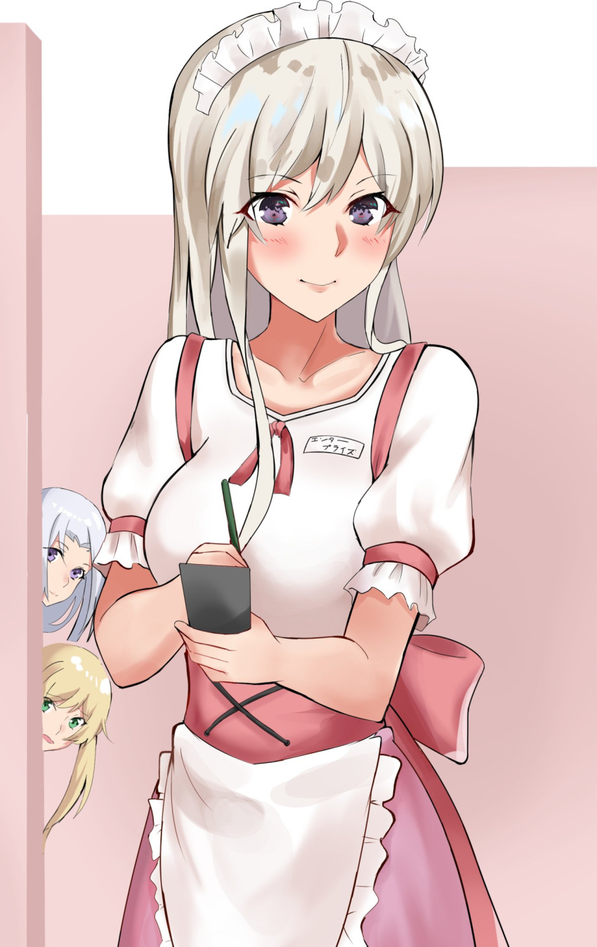 3girls alternate_costume apron azur_lane bangs benten_(ioj3446) blonde_hair blouse blush collarbone commentary_request enterprise_(azur_lane) eyebrows_visible_through_hair green_eyes highres holding holding_pen hornet_(azur_lane) indoors long_hair looking_at_another looking_at_viewer maid_headdress multiple_girls name_tag no_hat no_headwear peeking_out pen short_sleeves silver_hair twintails violet_eyes waist_apron waitress white_blouse writing yorktown_(azur_lane)