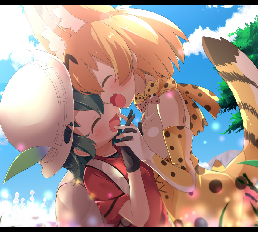 2girls :d ^_^ animal_ears backlighting backpack bag black_gloves black_hair blonde_hair blue_sky blush bow bowtie closed_eyes clouds commentary day elbow_gloves extra_ears fang forehead-to-forehead frame gloves hair_between_eyes hands_together hat_feather high-waist_skirt highres interlocked_fingers kaban_(kemono_friends) kemono_friends makuran multicolored multicolored_clothes multicolored_gloves multicolored_neckwear multiple_girls open_mouth outdoors print_gloves print_neckwear print_skirt red_shirt sandstar serval_(kemono_friends) serval_ears serval_print serval_tail shirt short_sleeves skirt sky sleeveless sleeveless_shirt smile sunlight t-shirt tail tree white_gloves white_neckwear yellow_gloves yellow_neckwear