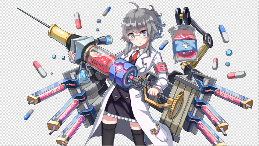 1girl armband black_legwear blue_eyes blush character_request closed_mouth copyright_request eyebrows_visible_through_hair glasses grey_hair jpeg_artifacts labcoat long_sleeves looking_at_viewer pill qihai_lunpo short_hair solo syringe thigh-highs