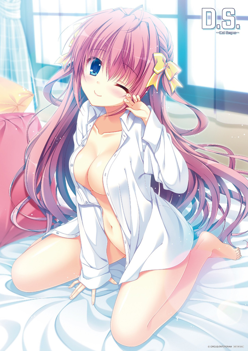 1girl ahoge asamiya_himari barefoot bed_sheet blue_eyes blush bow braid breasts buttons cleavage closed_mouth collarbone d.s._-dal_segno- eyebrows_visible_through_hair fingernails french_braid highres indoors light_particles long_hair long_sleeves looking_at_viewer medium_breasts navel official_art one_eye_closed open_clothes open_shirt orange_pillow pink_hair pink_pillow shirt smile tanihara_natsuki white_shirt window yellow_bow