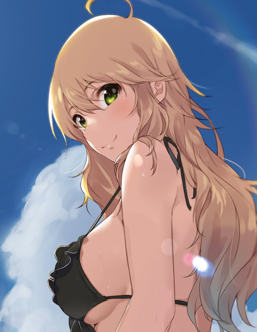 !! 1girl ahoge bangs bare_arms bare_shoulders bikini bikini_top black_bikini blue_sky blush breasts closed_mouth clouds cloudy_sky commentary_request condensation_trail day eyebrows_visible_through_hair frilled_bikini_top frills from_side green_eyes hair_between_eyes highres hoshii_miki idolmaster idolmaster_(classic) kurokin large_breasts lens_flare light_brown_hair long_hair looking_at_viewer outdoors sideboob sky smile solo strap_gap string_bikini summer sweat swimsuit upper_body