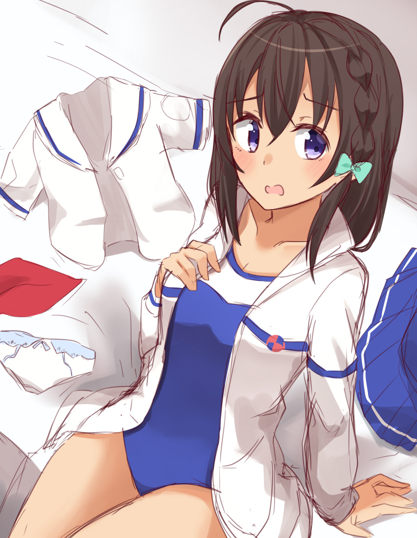 1girl absurdres arm_support bangs blue_skirt blue_swimsuit blush bow bow_panties braid brown_hair collarbone eyebrows_visible_through_hair green_bow hair_between_eyes hair_bow hand_on_own_chest high_school_fleet highres kapatarou long_hair long_sleeves looking_at_viewer one-piece_swimsuit open_clothes open_shirt panties panties_removed parted_lips pleated_skirt shirt shirt_removed sitting sketch skirt skirt_removed solo swimsuit uchida_mayumi underwear violet_eyes white_panties white_shirt