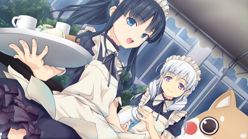 2girls absurdres black_hair blue_eyes cosplay cuts day dutch_angle eyebrows_visible_through_hair food frills game_cg harem_tengoku_da_to_omottara_yandere_jigoku_datta highres hiiro_yuki holding holding_tray injury izaemon kigurumi maid maid_headdress miyasu_sayuri multiple_girls open_mouth outdoors puffy_short_sleeves puffy_sleeves sandwich short_sleeves silver_hair toutomi_kanna tray violet_eyes