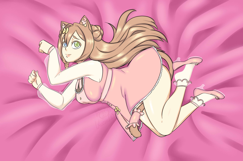 1girl animal_ears artist_request breasts cat_ears cat_tail dress high_heels highres kurisu_ams large_breasts long_hair lying nail_polish on_side pink_dress plump tail