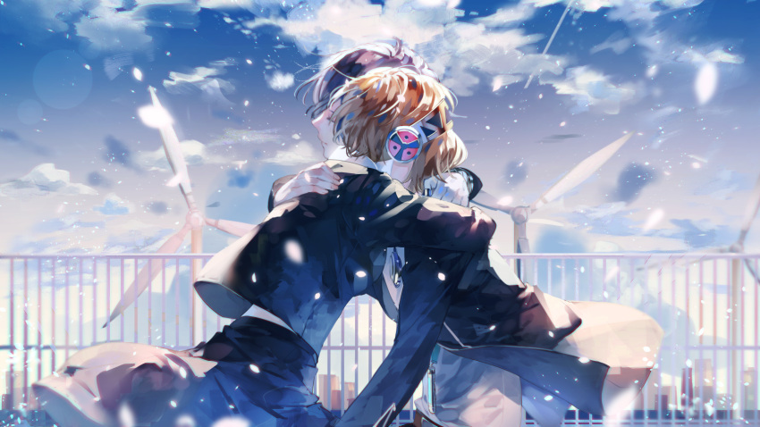 1boy 1girl aegis_(persona) blonde_hair blue_hair blue_sky closed_eyes highres hug light_particles persona persona_3 rooftop school_uniform short_hair sky syokuuuuuuuuumura windmill yuuki_makoto