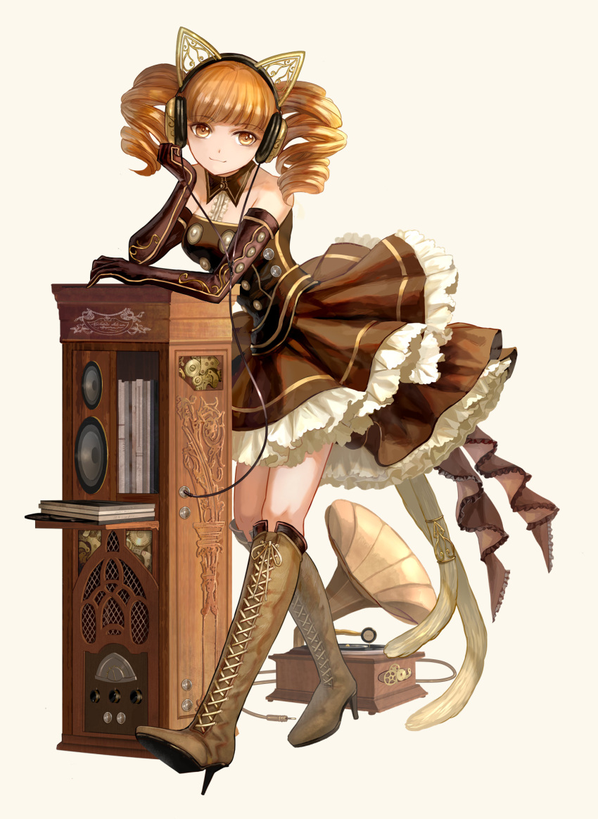 1girl animal_ears blonde_hair boots cross-laced_footwear detached_collar dress elbow_gloves fake_animal_ears frilled_dress frills gloves head_rest headset high_heels highres keiko_(mitakarawa) knee_boots lace-up_boots leaning_forward light_smile long_hair looking_at_viewer looking_to_the_side original phonograph simple_background steampunk twintails white_background yellow_eyes