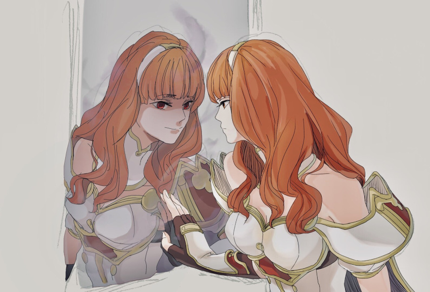 2girls armor cape celica_(fire_emblem) dark_persona dress fingerless_gloves fire_emblem fire_emblem_echoes:_mou_hitori_no_eiyuuou gloves jewelry long_hair mirror multiple_girls open_mouth red_eyes redhead smile tiara