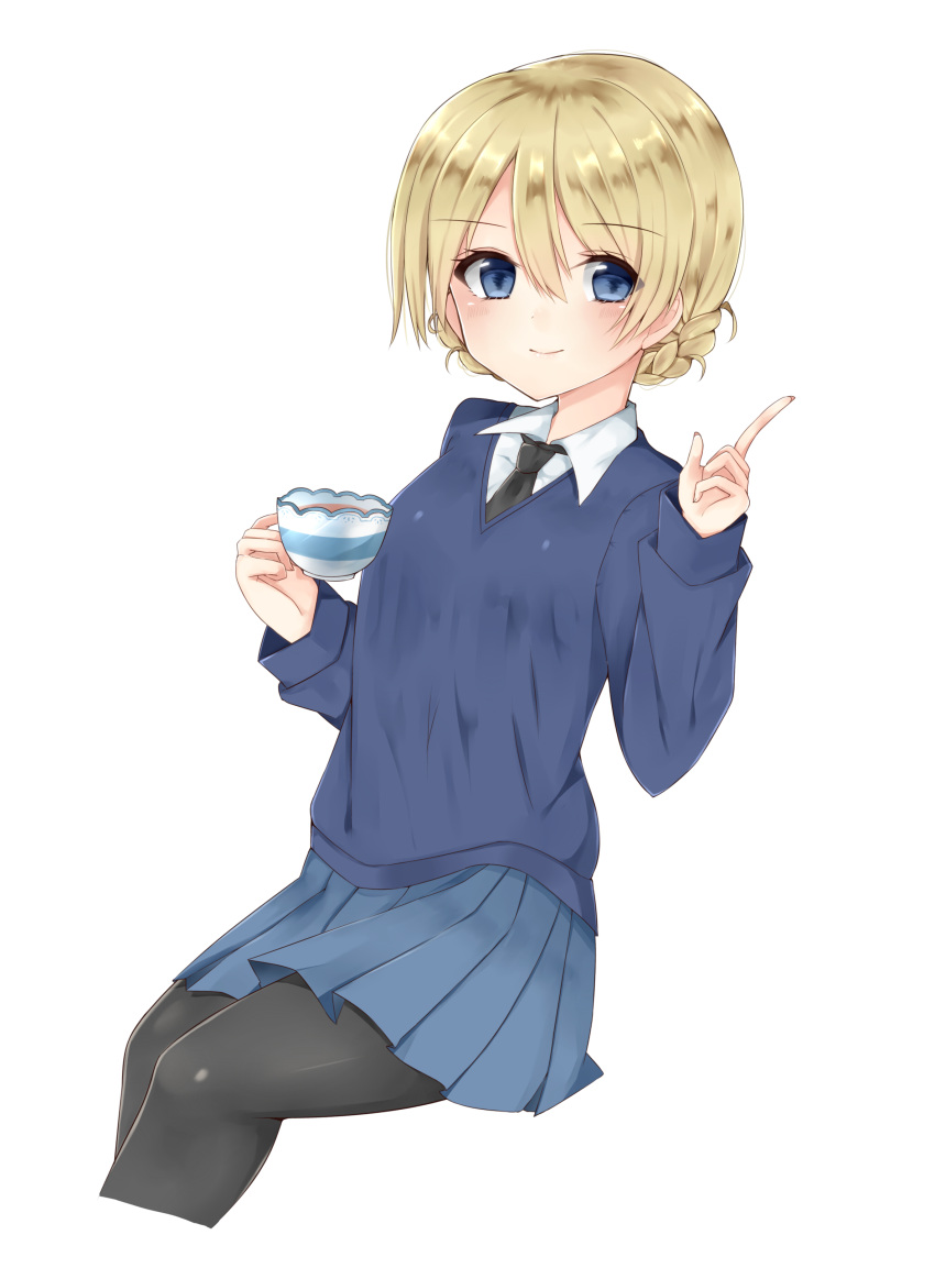 1girl absurdres bangs black_legwear black_neckwear blonde_hair blue_eyes blue_skirt blue_sweater braid closed_mouth commentary cropped_legs cup darjeeling dress_shirt eyebrows_visible_through_hair girls_und_panzer highres holding invisible_chair long_sleeves looking_at_viewer miniskirt necktie no_emblem pantyhose pleated_skirt pointing pointing_up school_uniform shirt short_hair simple_background sitting skirt smile solo souhi sweater teacup tied_hair twin_braids v-neck white_background white_shirt wing_collar