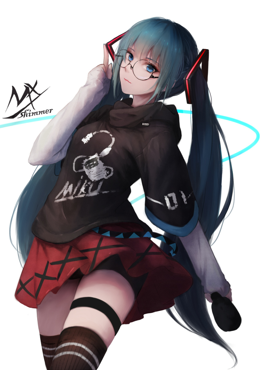 1girl bespectacled blue_eyes cowboy_shot glasses green_hair hatsune_miku highres long_hair looking_at_viewer shimmer skirt solo thigh-highs thigh_strap twintails very_long_hair vocaloid