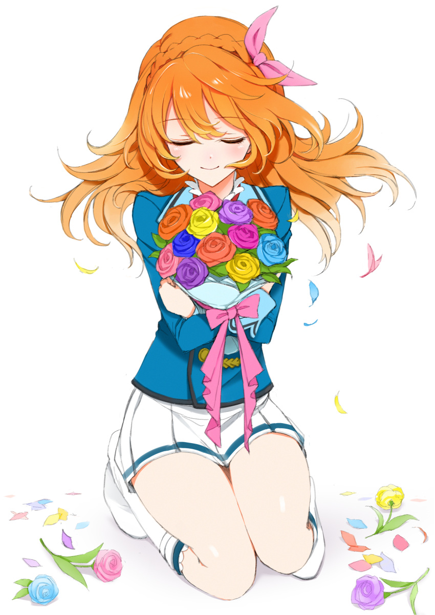 1girl absurdres aikatsu! blue_flower blue_jacket boots bouquet closed_eyes eyebrows_visible_through_hair floating_hair flower full_body hair_between_eyes hair_ribbon highres holding holding_bouquet jacket knee_boots kneeling long_hair miniskirt nghrstst oozora_akari orange_flower orange_hair pink_flower pink_ribbon pleated_skirt purple_flower ribbon school_uniform shiny shiny_skin simple_background skirt smile solo white_background white_footwear white_skirt yellow_flower