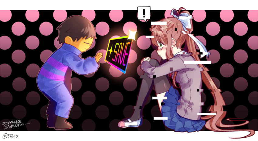 1girl =_= androgynous background bangs black_background black_legwear blue_skirt blush bow breasts brown_hair closed_mouth commentary_request crossover doki_doki_literature_club eyebrows_visible_through_hair fetal_position frisk_(undertale) full_body glitch gradient gradient_background green_eyes hair_bow knees_up leaning_forward leg_hug long_hair long_sleeves looking_at_another medium_breasts monika_(doki_doki_literature_club) nan nose_blush outstretched_arm pink_background pleated_skirt polka_dot polka_dot_background ponytail ribbon school_uniform shirt shoes sidelocks signature simple_background sitting skirt speech_bubble spoilers standing striped striped_sweater sweater tearing_up tears thigh-highs undertale uwabaki white_footwear yellow_skin