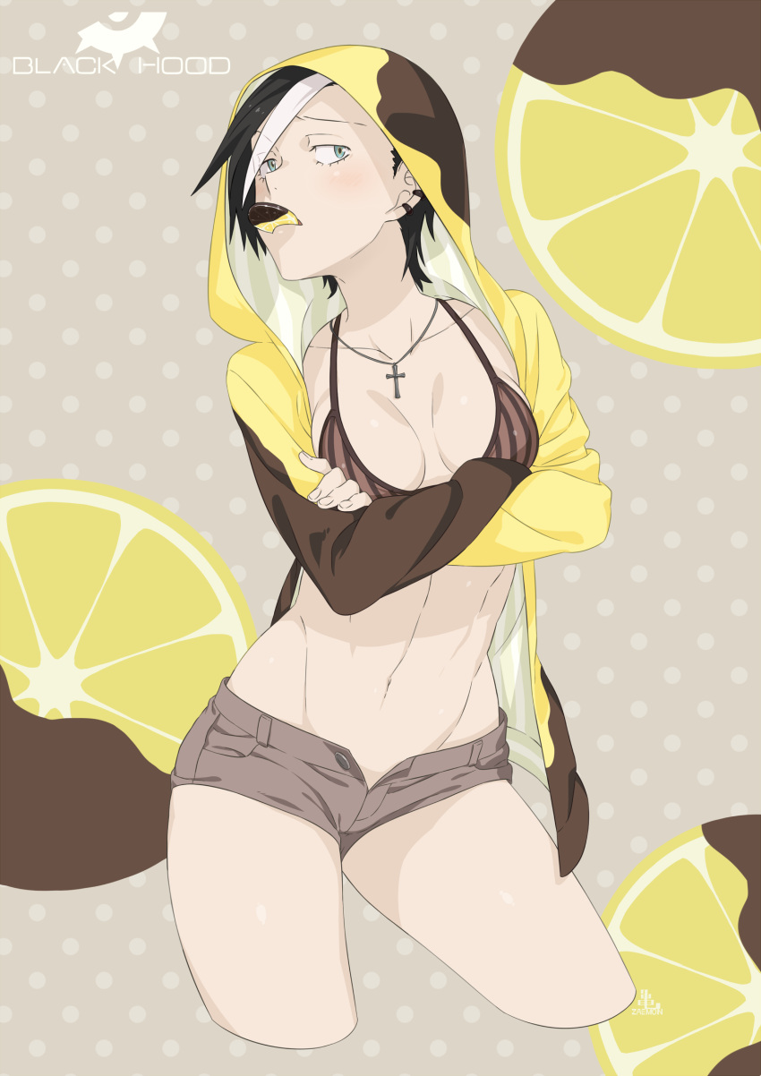1girl absurdres artist_name bikini_top black_hair black_shorts blush breasts breasts_apart brown_bikini_top character_name chocolate collarbone contrapposto cropped_legs cross cross_necklace crossed_arms ear_piercing food food_in_mouth food_themed_background fruit highres hood hood_up hoodie jewelry kamezaemon lemon lemon_slice long_sleeves looking_at_viewer medium_breasts mouth_hold multicolored_hair navel necklace open_clothes open_fly open_hoodie original pendant piercing polka_dot polka_dot_background sanpaku short_hair shorts solo standing stomach streaked_hair striped striped_bikini_top thighs unbuttoned vertical_stripes white_hair