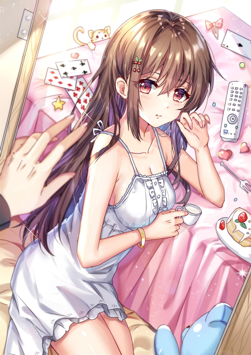 1girl :t ace_of_spades animal bangs bare_arms bare_shoulders blush bow bracelet breasts brown_eyes brown_hair cake card cat cleavage closed_mouth club_(shape) collarbone commentary_request controller cup day diamond_(shape) dress dutch_angle eyebrows_visible_through_hair fingernails food fork gejigejier hair_between_eyes hair_ornament hairclip heart highres holding holding_cup indoors jewelry long_hair looking_at_viewer medium_breasts original pink_bow playing_card pout remote_control sidelocks sitting sleeveless sleeveless_dress slice_of_cake solo_focus spade_(shape) star stuffed_animal stuffed_toy sunlight teddy_bear very_long_hair wavy_mouth white_dress window