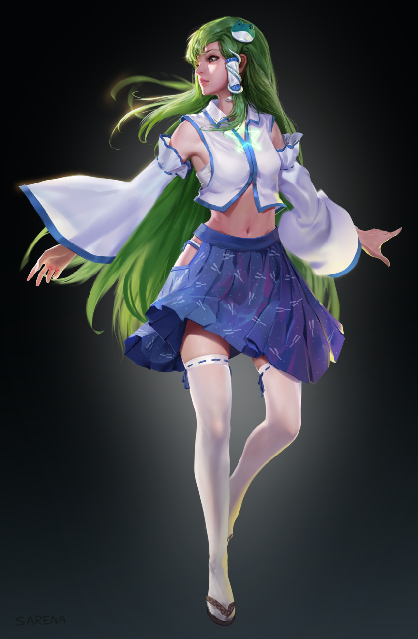 1girl blue_skirt crop_top detached_sleeves frilled_skirt frills frog_hair_ornament full_body hair_ornament hair_tubes highres kochiya_sanae long_hair looking_to_the_side navel nontraditional_miko sarashi sarena shirt skirt snake_hair_ornament solo star stomach thigh-highs touhou very_long_hair white_legwear white_shirt wide_sleeves