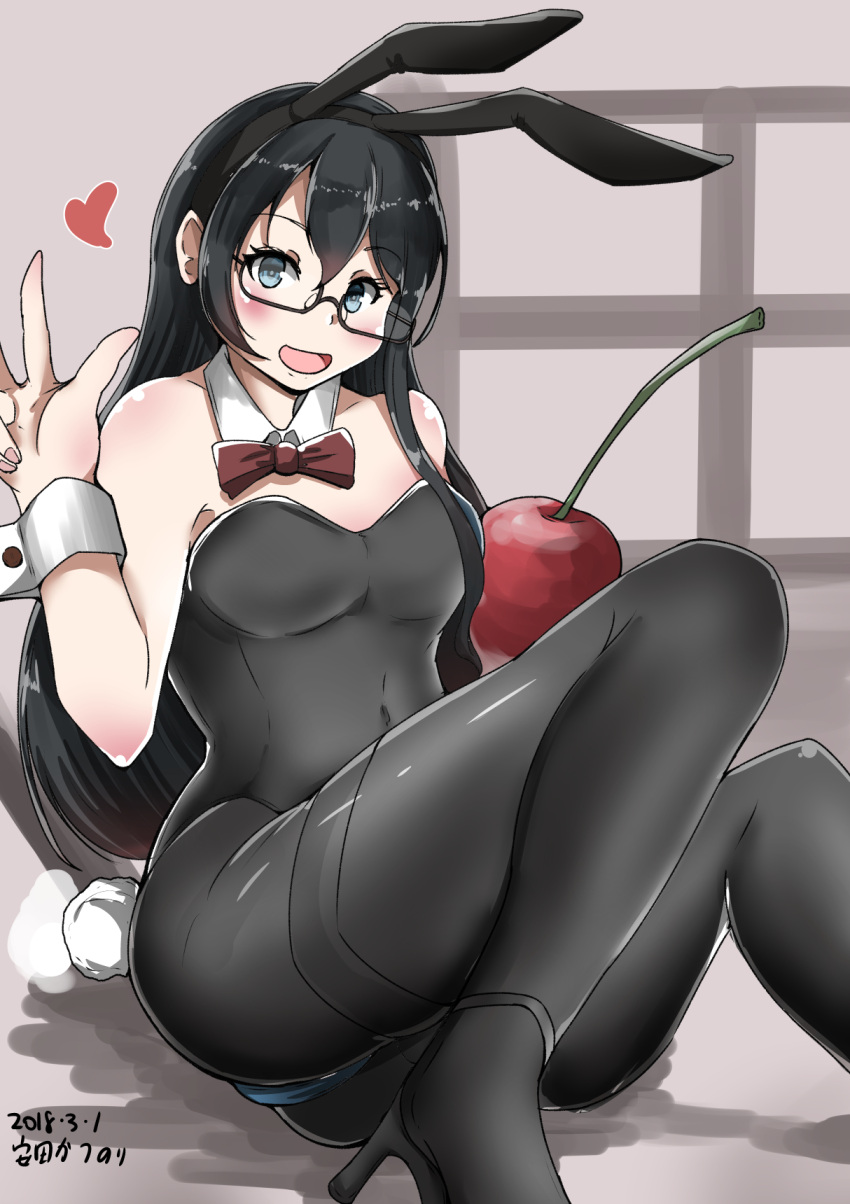 1girl animal_ears bare_shoulders black_hair black_legwear black_leotard blue_eyes blush bow bowtie breasts bunny_girl bunny_tail bunnysuit cherry dated detached_collar fake_animal_ears food fruit high_heels highres kantai_collection leotard long_hair looking_at_viewer ooyodo_(kantai_collection) open_mouth pantyhose rabbit_ears semi-rimless_eyewear sitting sliding_doors small_breasts smile solo strapless strapless_leotard tail thighband_pantyhose v wrist_cuffs yasuda_katsunori