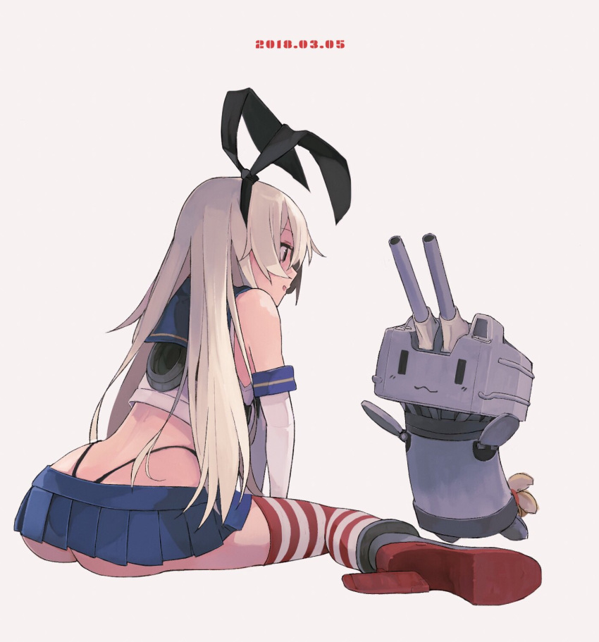 1girl :3 :d air_kon ass bare_shoulders black_hairband black_ribbon blonde_hair blue_sailor_collar blue_skirt blush boots closed_mouth crop_top elbow_gloves from_behind full_body gloves grey_background grey_footwear hair_ribbon hairband high_heel_boots high_heels highres kantai_collection knee_boots long_hair miniskirt open_mouth pleated_skirt profile propeller rensouhou-chan ribbon sailor_collar school_uniform serafuku shimakaze_(kantai_collection) shirt shoe_dangle simple_background sitting skirt smile striped striped_legwear thigh-highs thong turret upskirt very_long_hair white_gloves white_shirt