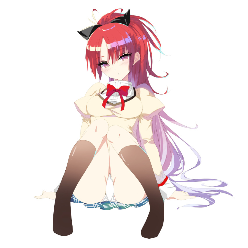 1girl absurdres bangs black_bow boots bow breasts brown_legwear commentary_request ears_visible_through_hair eyebrows_visible_through_hair gradient_hair hair_between_eyes hair_bow highres knee_boots knees_together_feet_apart long_hair looking_at_viewer mahou_shoujo_madoka_magica misteor multicolored multicolored_eyes multicolored_hair panties red_bow sakura_kyouko solo thigh_gap underwear white_background