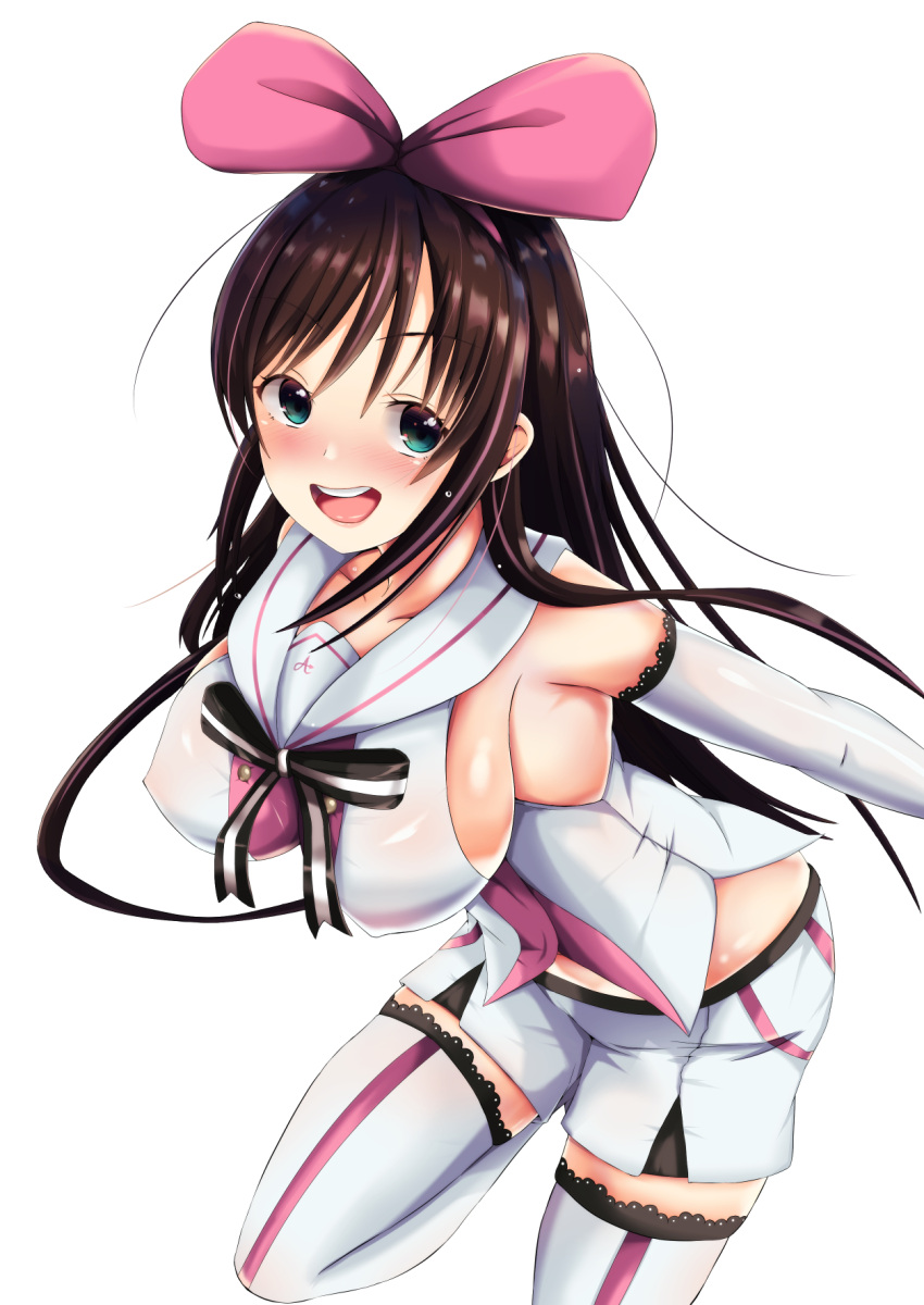 1girl :d a.i._channel aqua_eyes artist_request blush bow box breasts brown_hair collarbone commentary_request detached_sleeves eyebrows_visible_through_hair hair_ribbon hairband highres kizuna_ai large_breasts long_hair long_sleeves looking_at_viewer multicolored_hair navel open_mouth pink_hair pink_hairband pink_ribbon polka_dot ribbon round_teeth sailor_collar shorts simple_background sleeves_past_wrists smile solo standing tareme teeth thigh-highs two-handed two-tone_hair virtual_youtuber white_background white_legwear white_sailor_collar white_shorts yellow_bow