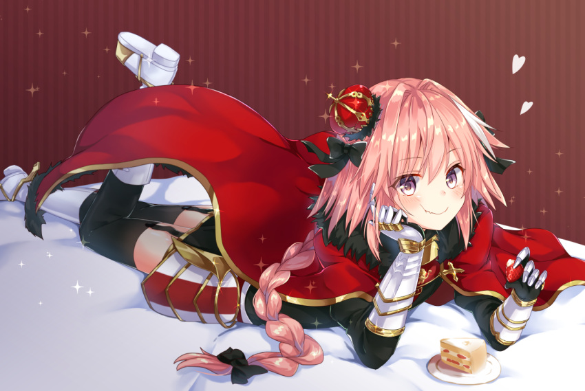 1boy arm_support astolfo_(fate) black_bow bow braid cheesecake crown eating fate/apocrypha fate/grand_order fate_(series) food fruit gauntlets gomano_rio hair_intakes hand_on_own_cheek heart long_braid lying male_focus multicolored_hair on_stomach pink_hair single_braid solo sparkle strawberry streaked_hair trap