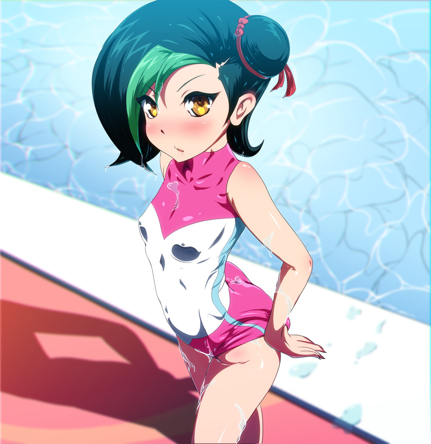 1girl adapted_costume adjusting_clothes adjusting_swimsuit arched_back ass bare_shoulders blush breasts collarbone covered_navel danpu dutch_angle erect_nipples eyebrows_visible_through_hair green_hair hair_bun highres looking_at_viewer mizuki_kotori_(yuu-gi-ou_zexal) multicolored_hair open_mouth pool poolside ribbon shiny shiny_hair shiny_skin short_hair small_breasts solo swimsuit two-tone_hair water wet yellow_eyes yu-gi-oh! yuu-gi-ou_zexal