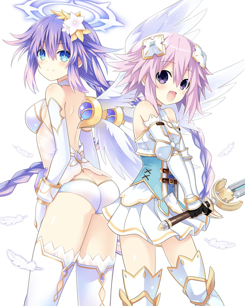 2girls armor ass blue_eyes braid butt_crack feathered_wings feathers four_goddesses_online:_cyber_dimension_neptune hair_ornament halo highres holding holding_sword holding_weapon looking_at_viewer multiple_girls neptune_(choujigen_game_neptune) neptune_(series) pink_hair pleated_skirt purple_hair purple_heart skirt smile sword thigh-highs twin_braids violet_eyes weapon wings zero_(ray_0805)